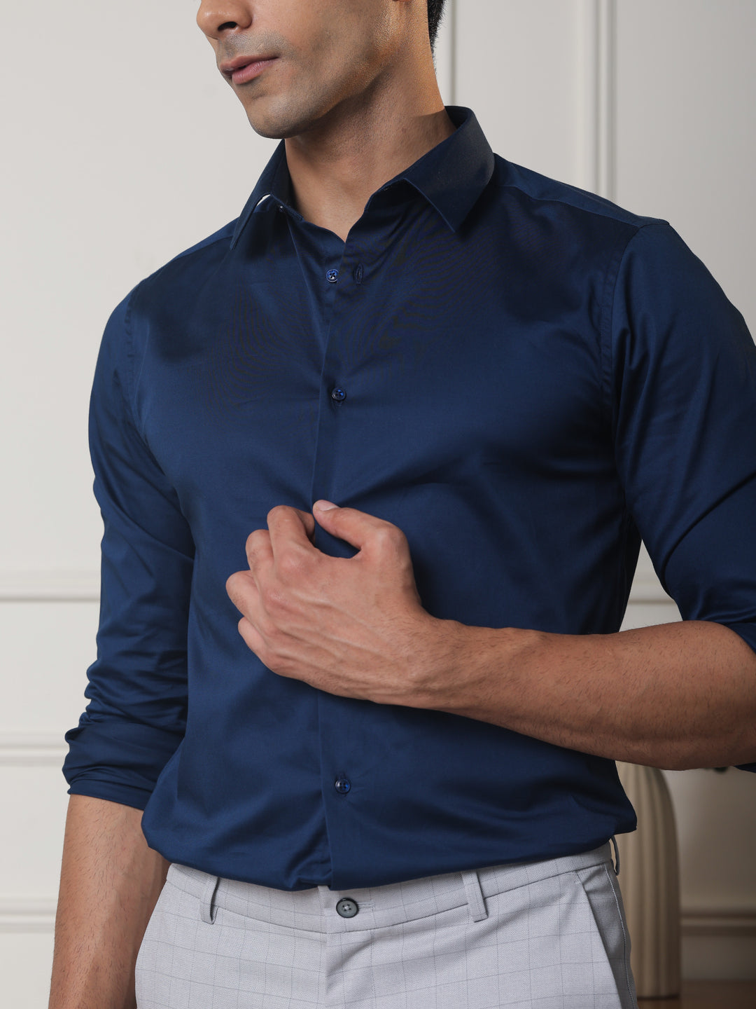 2 Way Stretch Satin Shirt in Midnight Blue