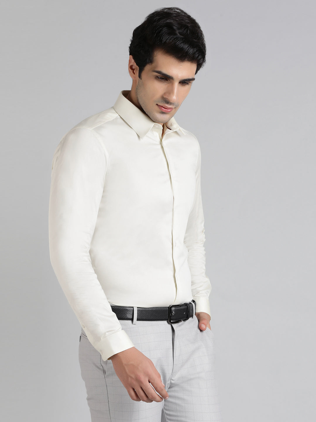 2 Way Stretch Satin Shirt in Off White