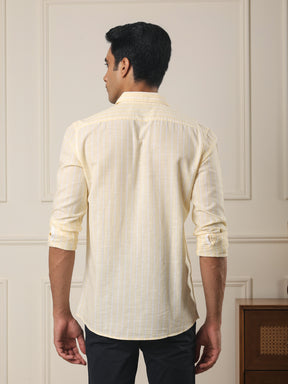 Cotton Linen Striped Casual Shirt in Lemonade - Comfort Fit