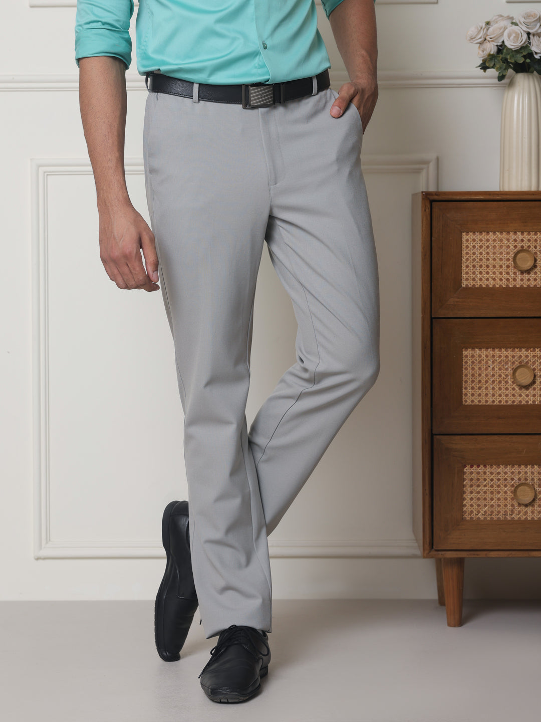 Flex Waist 4-Way Stretch Formal Trousers in Steel Grey - Slim Fit