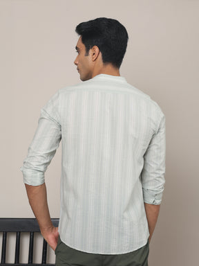 Cotton Striped Casual Shirt with Mandarin Collar in Mint Green  - Comfort Fit