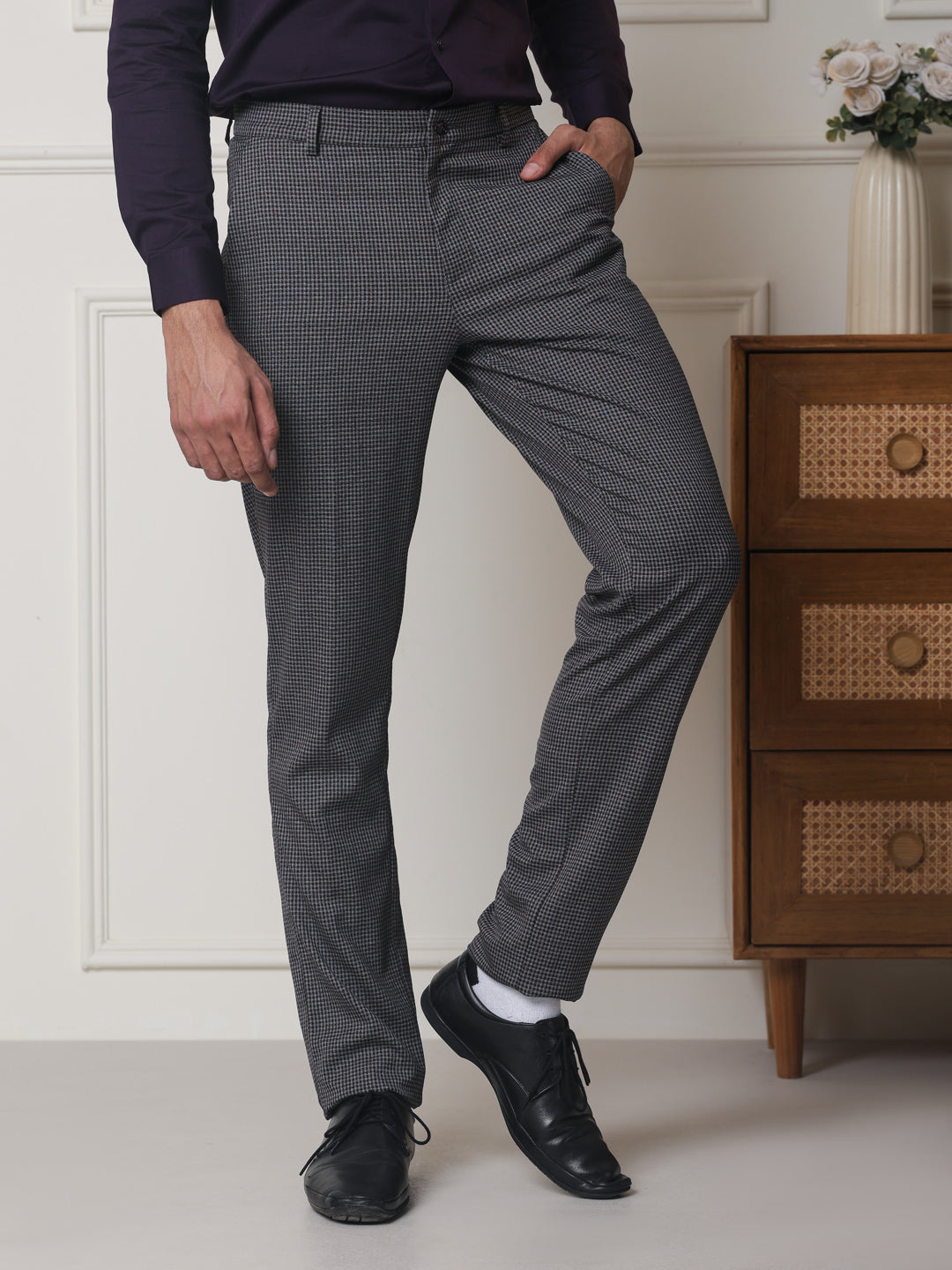 2 Way Stretch Checked Formal Trousers in Grey Violet - Slim Fit