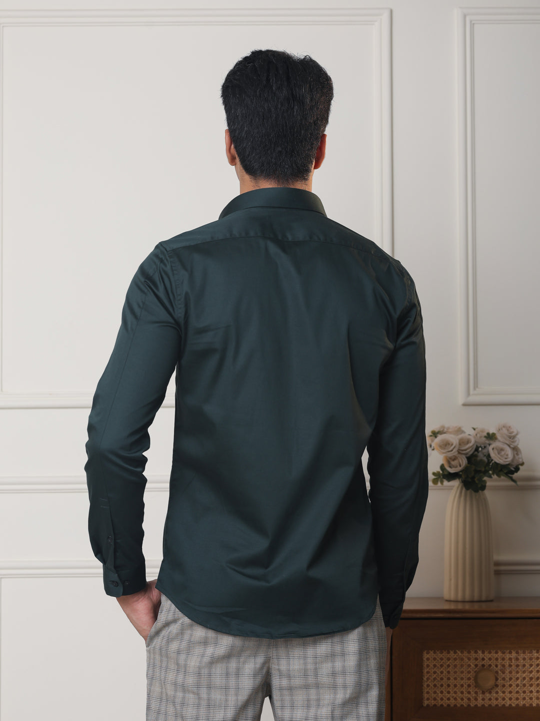 2 Way Stretch Satin Shirt in Bottle Green