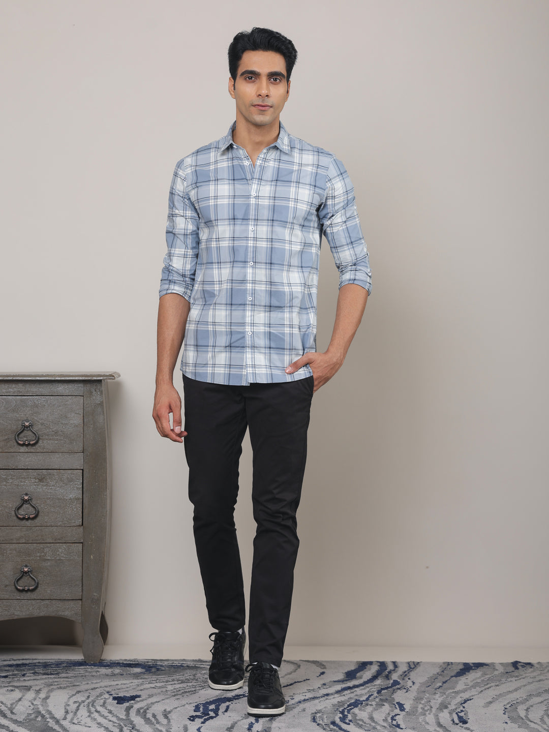 Cotton Checked Casual Shirt in Stone Blue - Comfort Fit