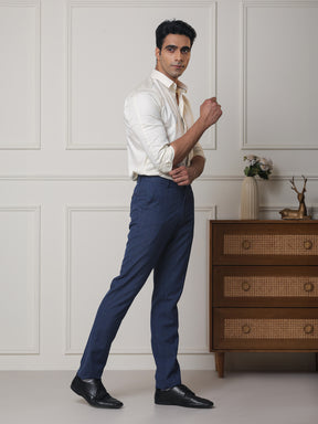 2 Way Stretch Checked Formal Trousers in Stone Blue - Slim Fit