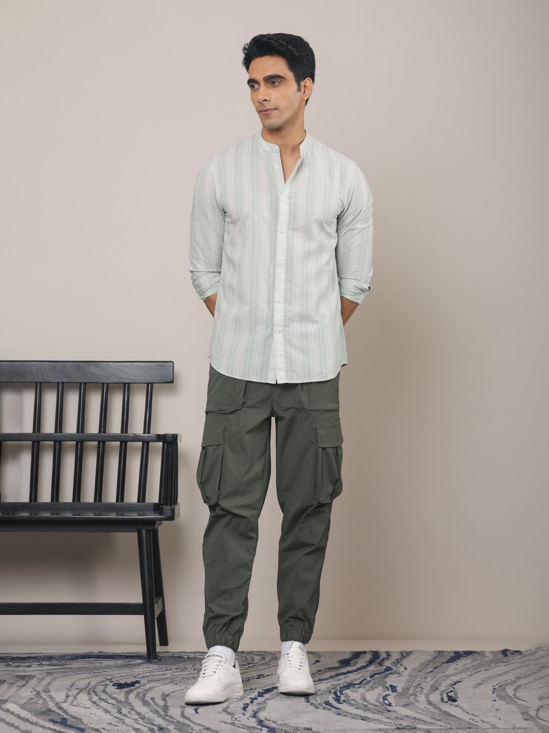 Cotton Striped Casual Shirt with Mandarin Collar in Mint Green  - Comfort Fit