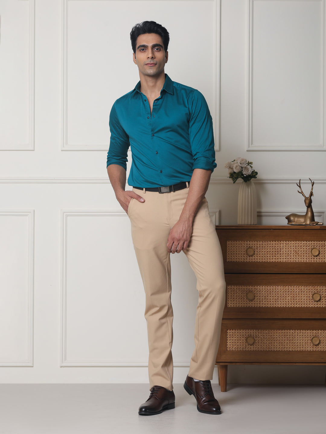 Flex Waist 4-Way Stretch Formal Trousers in Sand - Slim Fit