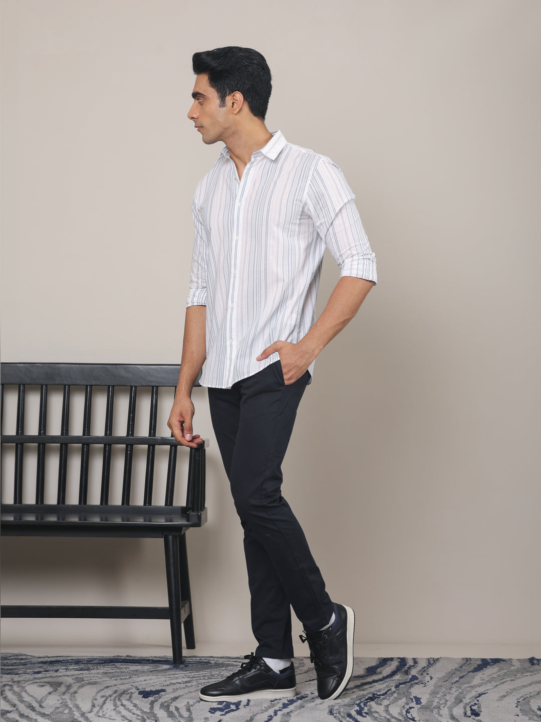 Cotton Striped Casual Shirt in Sky/White - Comfort Fit