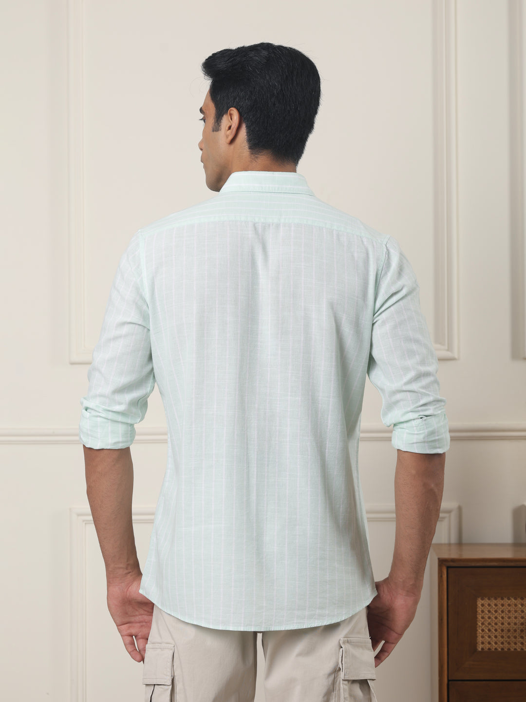 Cotton Linen Striped Casual Shirt in Ice Green - Comfort Fit