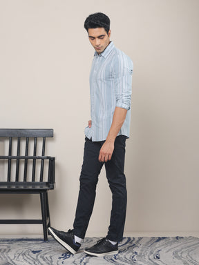 Cotton Striped Casual Shirt in Ash Blue - Comfort Fit