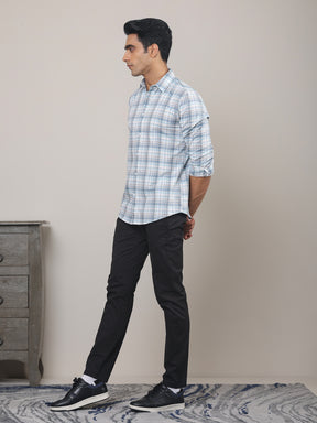 Cotton Checked Casual Shirt in Powder Blue - Comfort Fit