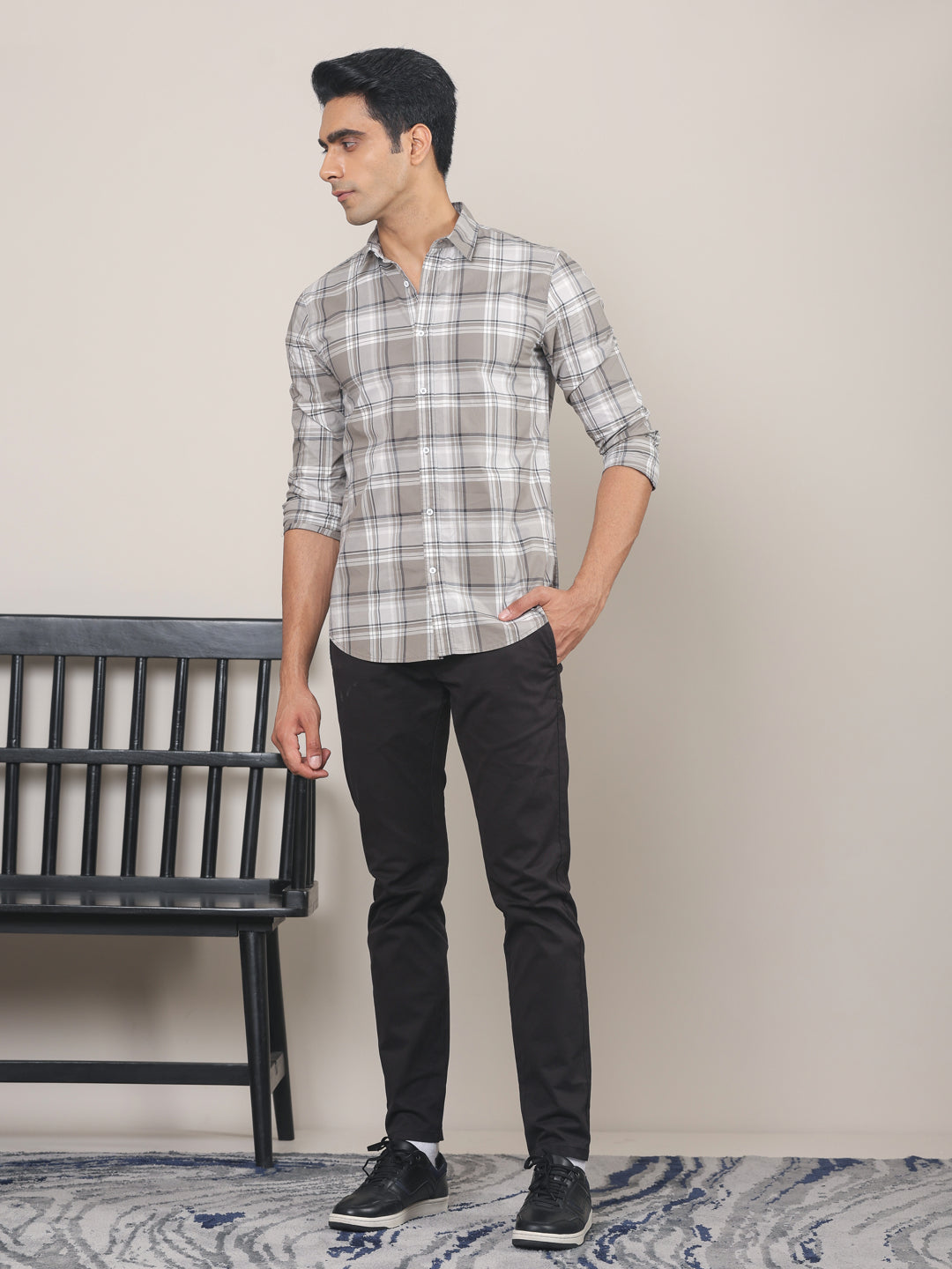 Cotton Checked Casual Shirt in Grey - Comfort Fit