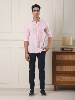 Cotton Linen Striped Casual Shirt in Light Pink - Comfort Fit