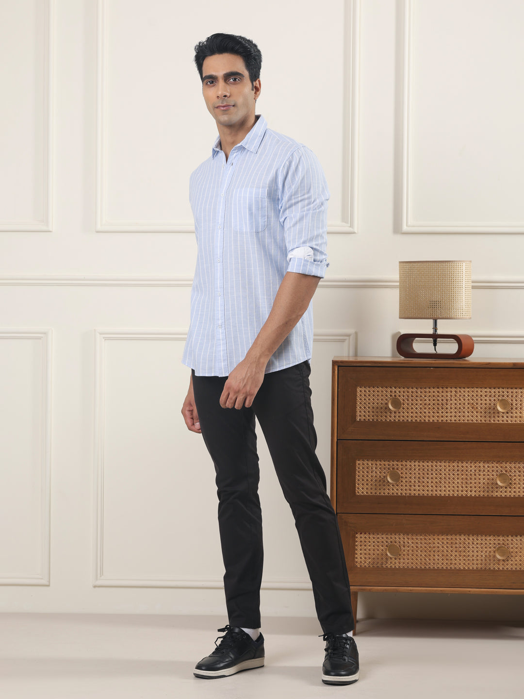 Cotton Linen Striped Casual Shirt in Sky Blue - Comfort Fit