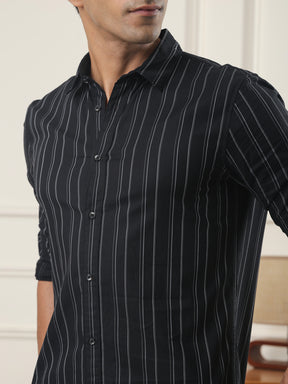 Cotton Striped Casual Shirt in Black - Comfort Fit