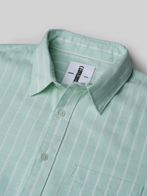 Cotton Linen Striped Casual Shirt in Ice Green - Comfort Fit