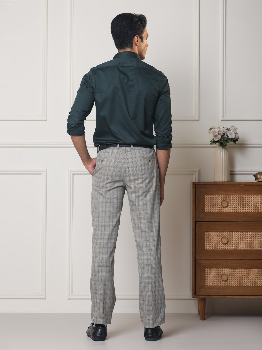 2 Way Stretch Checked Formal Trousers in Hazelwood - Regular Fit