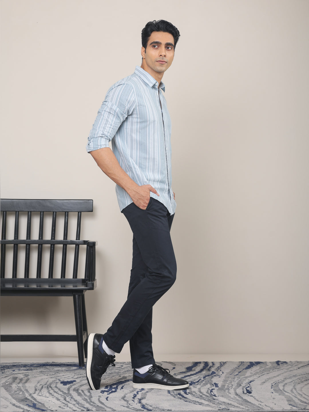 Cotton Striped Casual Shirt in Ash Blue - Comfort Fit