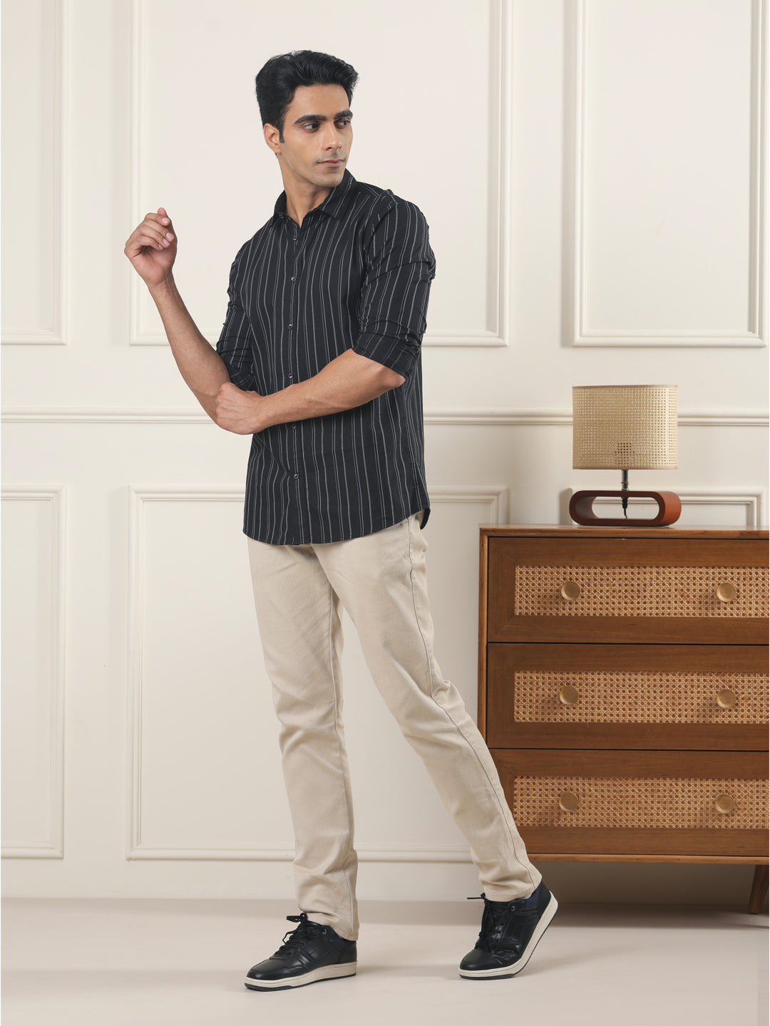 Cotton Striped Casual Shirt in Black - Comfort Fit