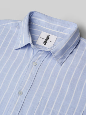 Cotton Linen Striped Casual Shirt in Sky Blue - Comfort Fit