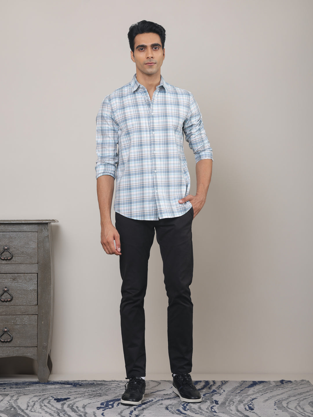 Cotton Checked Casual Shirt in Powder Blue - Comfort Fit