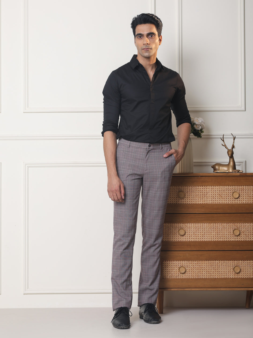 2 Way Stretch Checked Formal Trousers in Mauve - Slim Fit