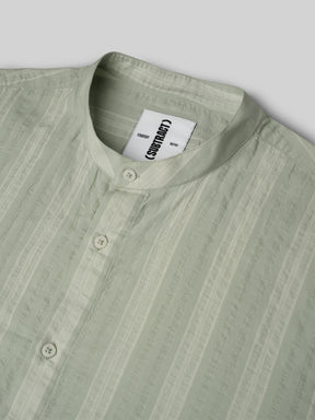 Cotton Striped Casual Shirt with Mandarin Collar in Mint Green  - Comfort Fit