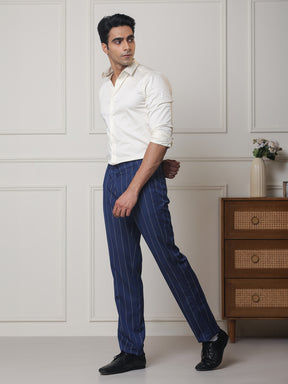 2 Way Stretch Striped Formal Trousers in Denim Blue - Regular Fit