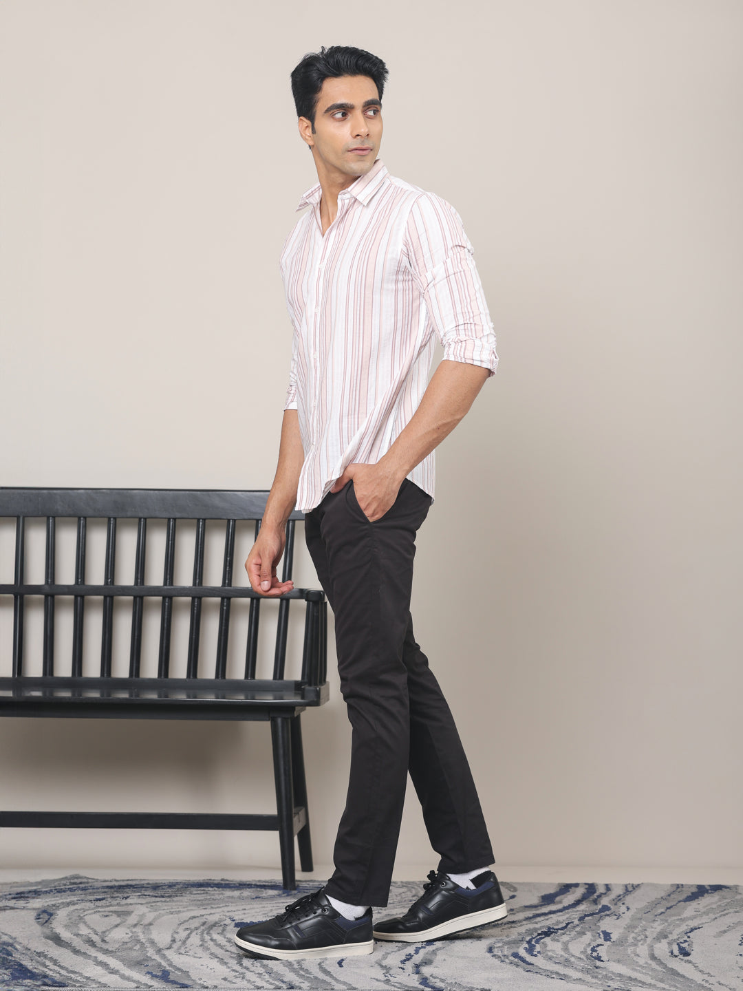 Cotton Striped Casual Shirt in Peach - Comfort Fit