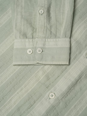 Cotton Striped Casual Shirt with Mandarin Collar in Mint Green  - Comfort Fit