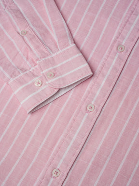 Cotton Linen Striped Casual Shirt in Light Pink - Comfort Fit