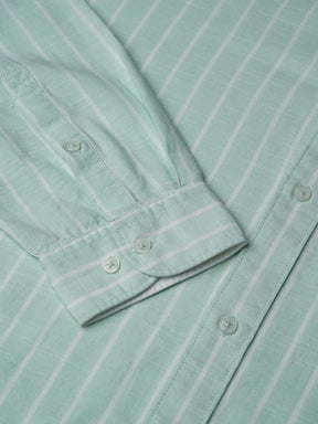 Cotton Linen Striped Casual Shirt in Ice Green - Comfort Fit