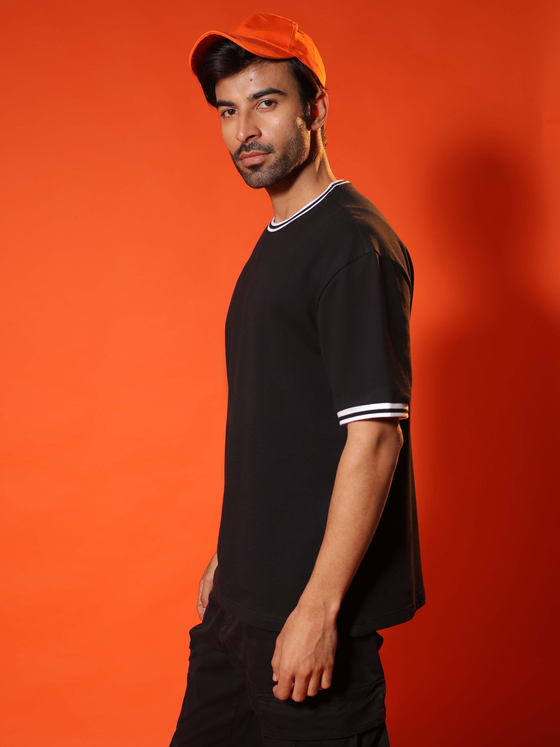 Oversized Round Neck T-Shirt with Stylised Rib in Black