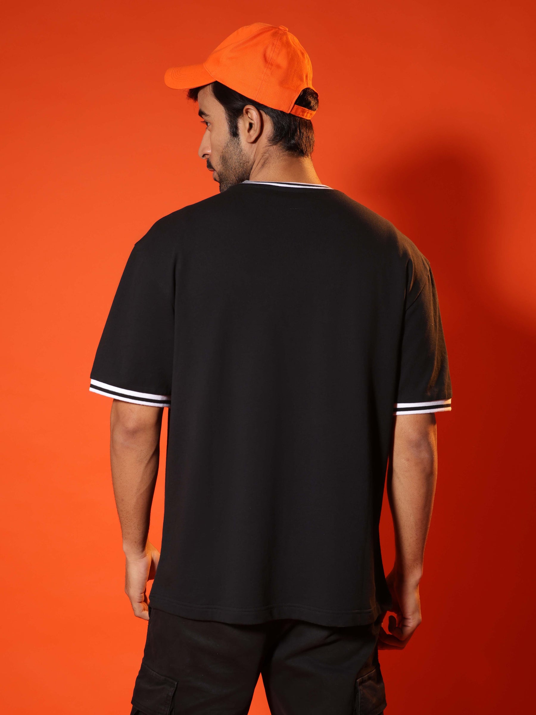 Oversized Round Neck T-Shirt with Stylised Rib in Black