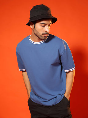 Oversized Round Neck T-Shirt with Stylised Rib in Denim Blue