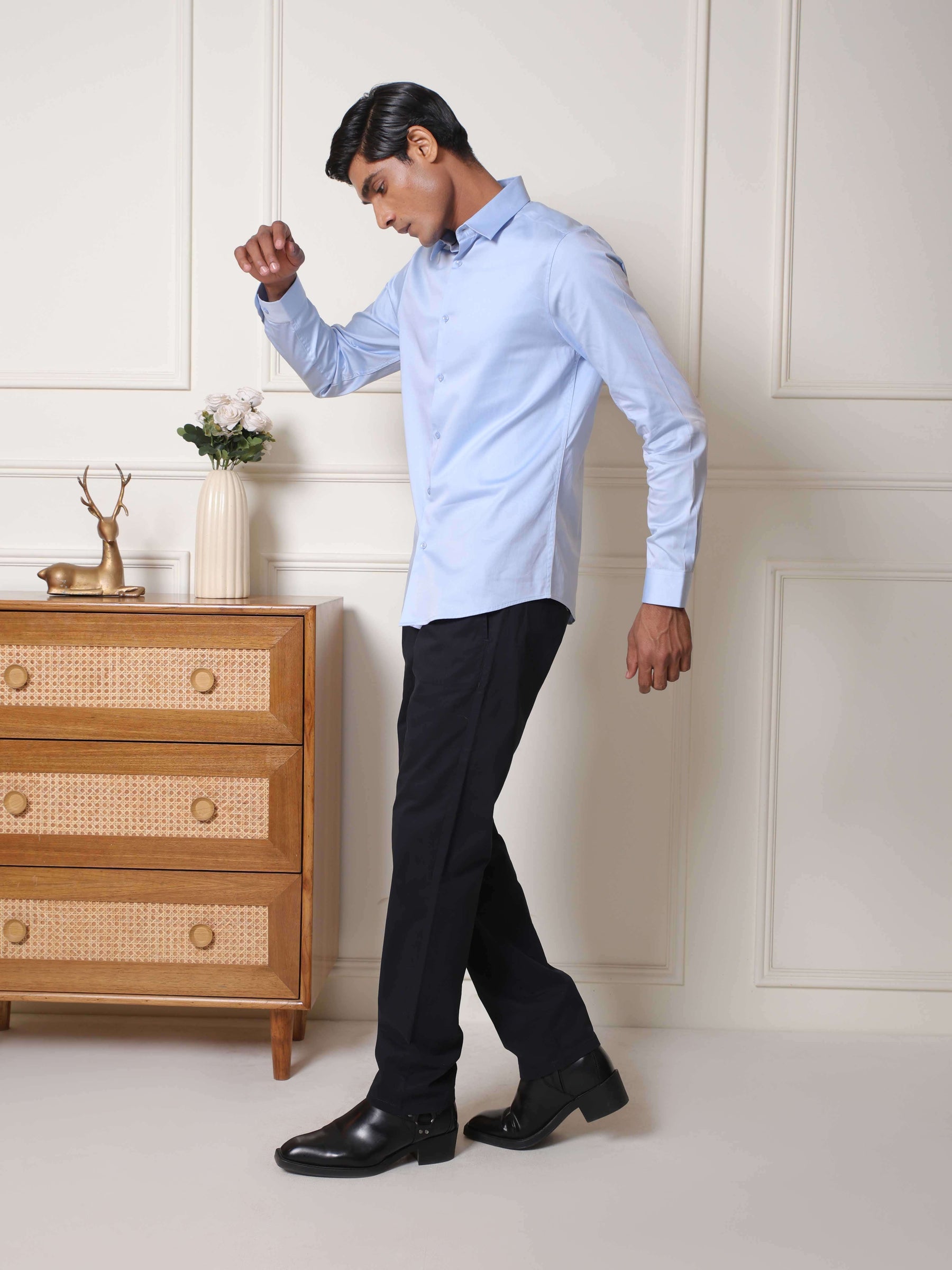 2 Way Stretch Satin Shirt in Sky Blue- Slim Fit