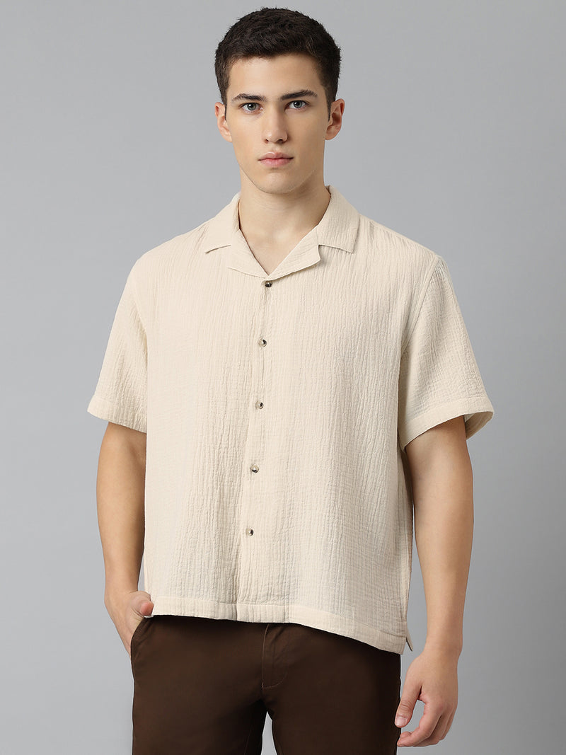 Cuban Collar Half Sleeve Casual Shirt in Beige - Comfort Fit