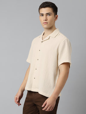 Cuban Collar Half Sleeve Casual Shirt in Beige - Comfort Fit