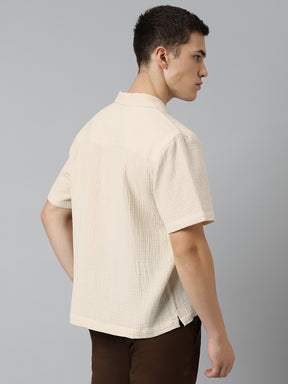 Cuban Collar Half Sleeve Casual Shirt in Beige - Comfort Fit