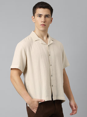 Cuban Collar Half Sleeve Casual Shirt in Beige - Comfort Fit