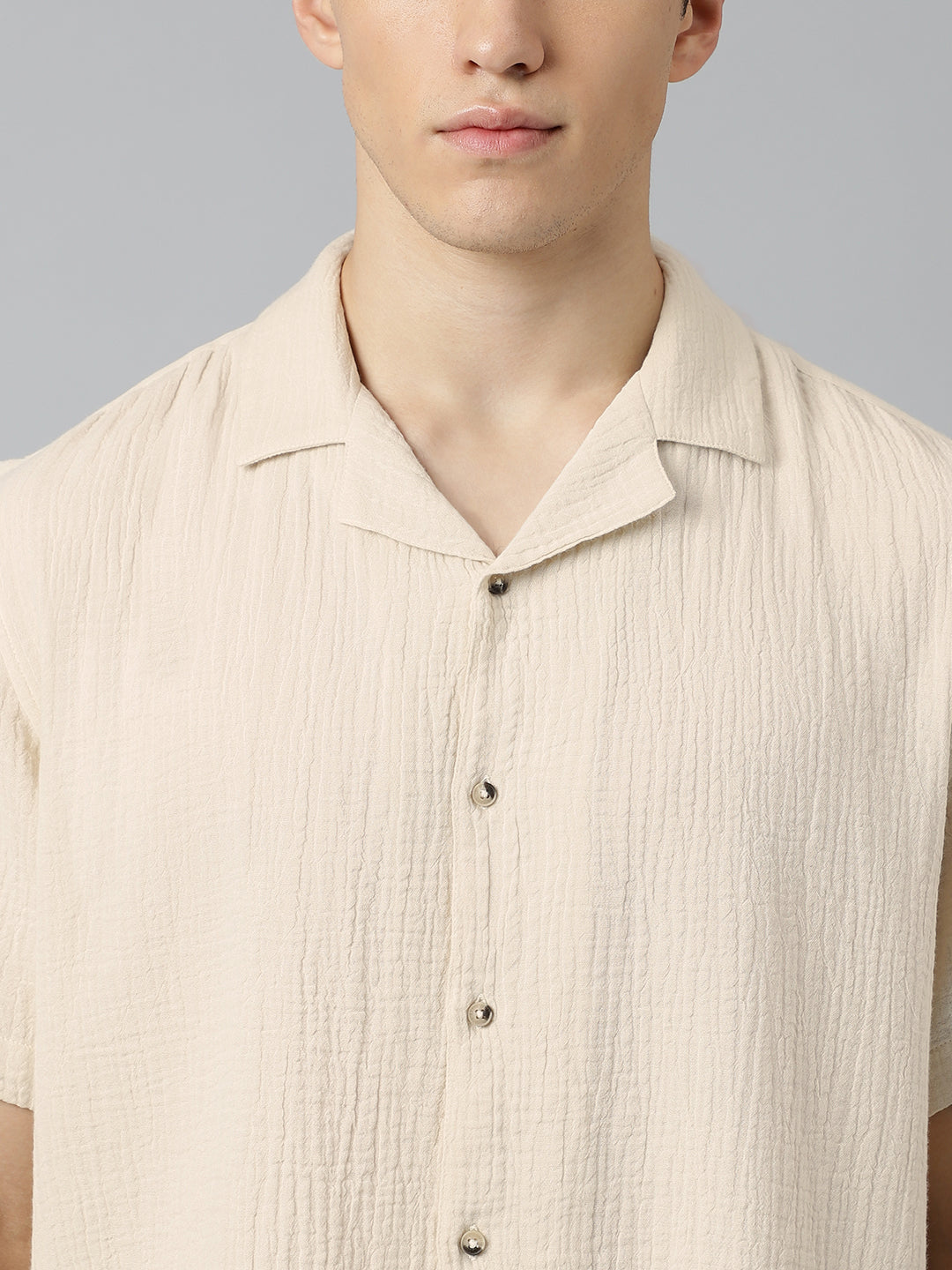 Cuban Collar Half Sleeve Casual Shirt in Beige - Comfort Fit