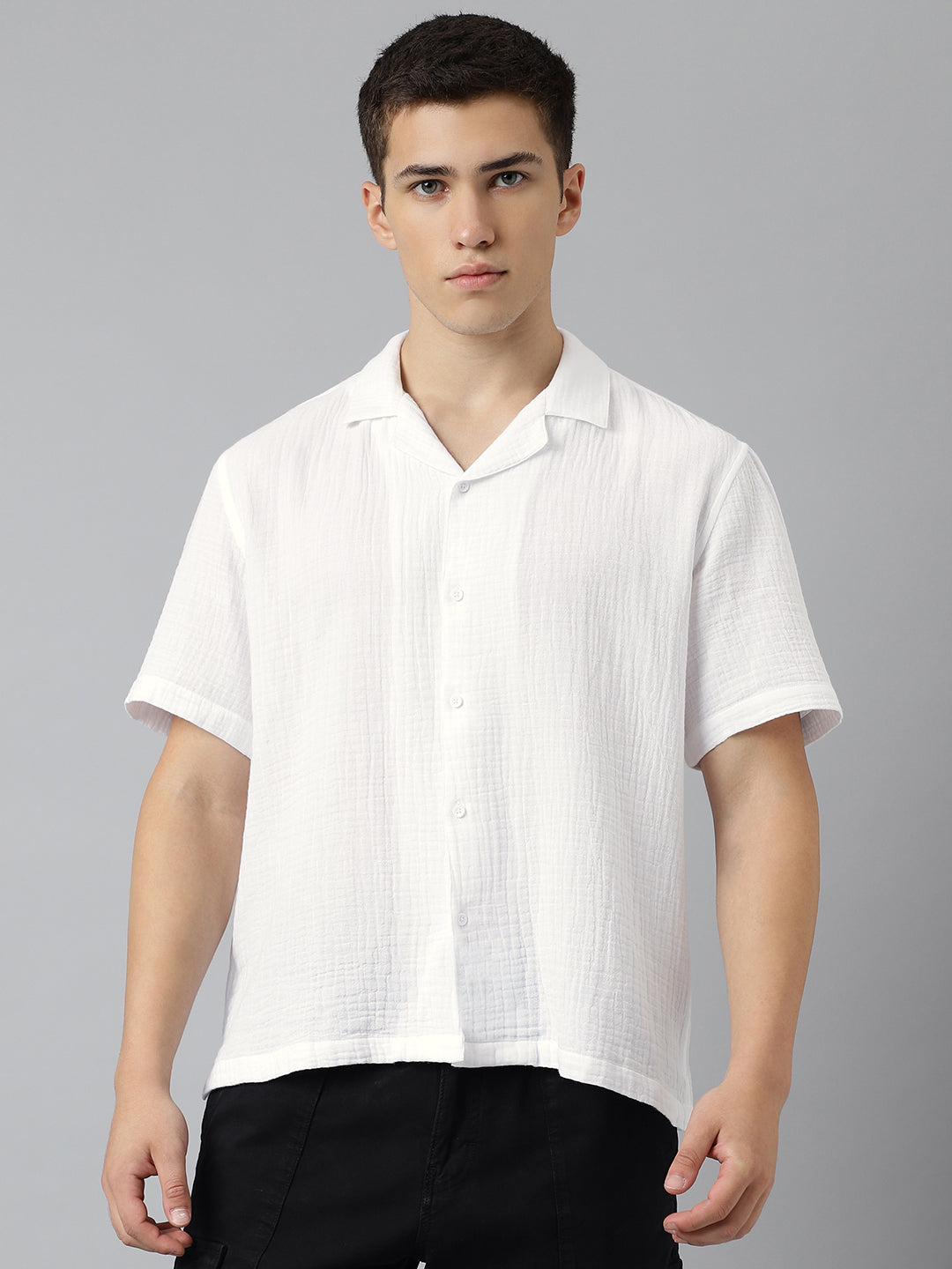 Cuban Collar Half Sleeve Casual Shirt in White - Comfort Fit