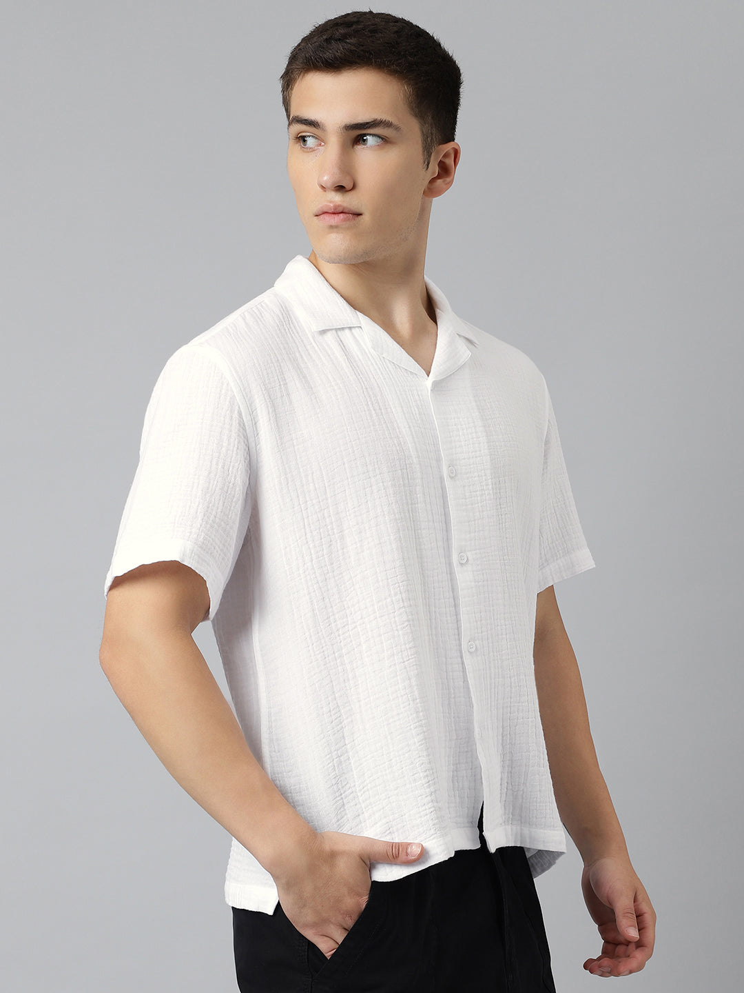 Cuban Collar Half Sleeve Casual Shirt in White - Comfort Fit