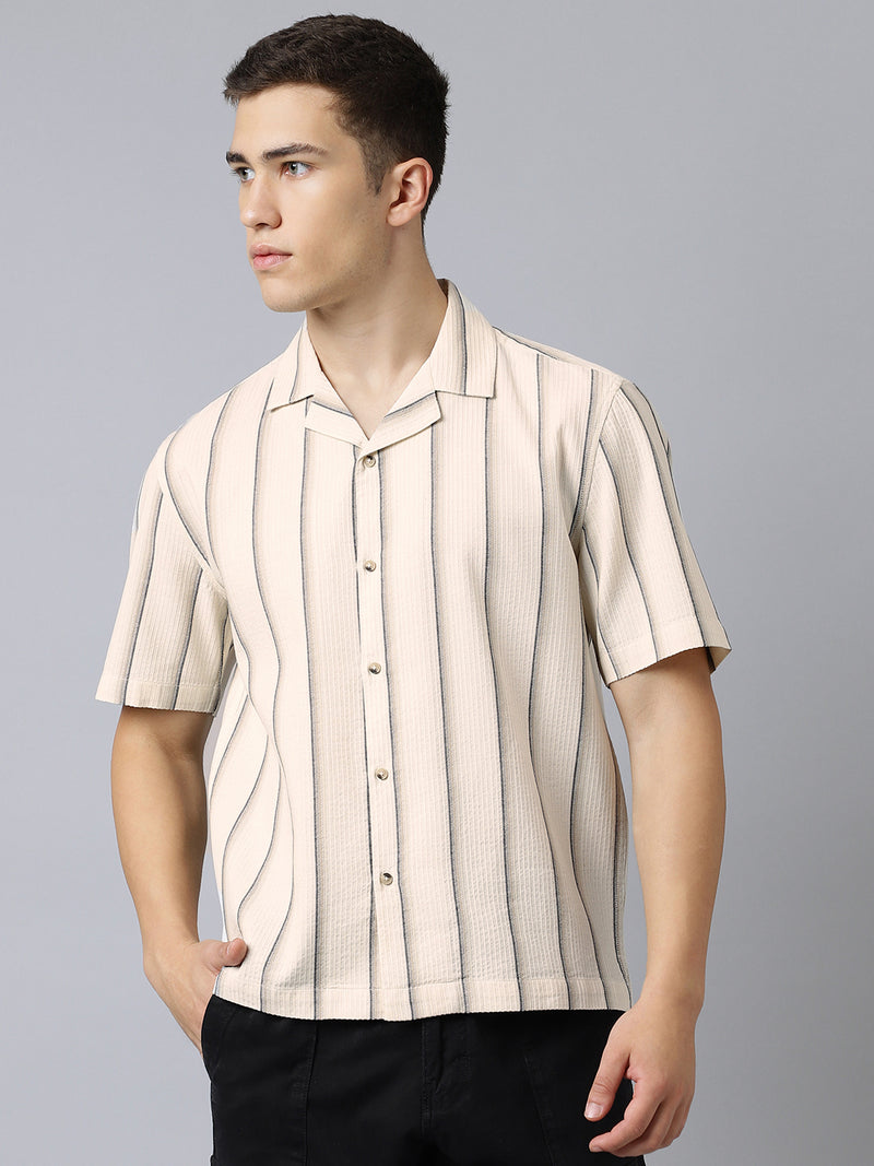 Cuban Collar Half Sleeve Striped Shirt in Beige/Black - Comfort Fit