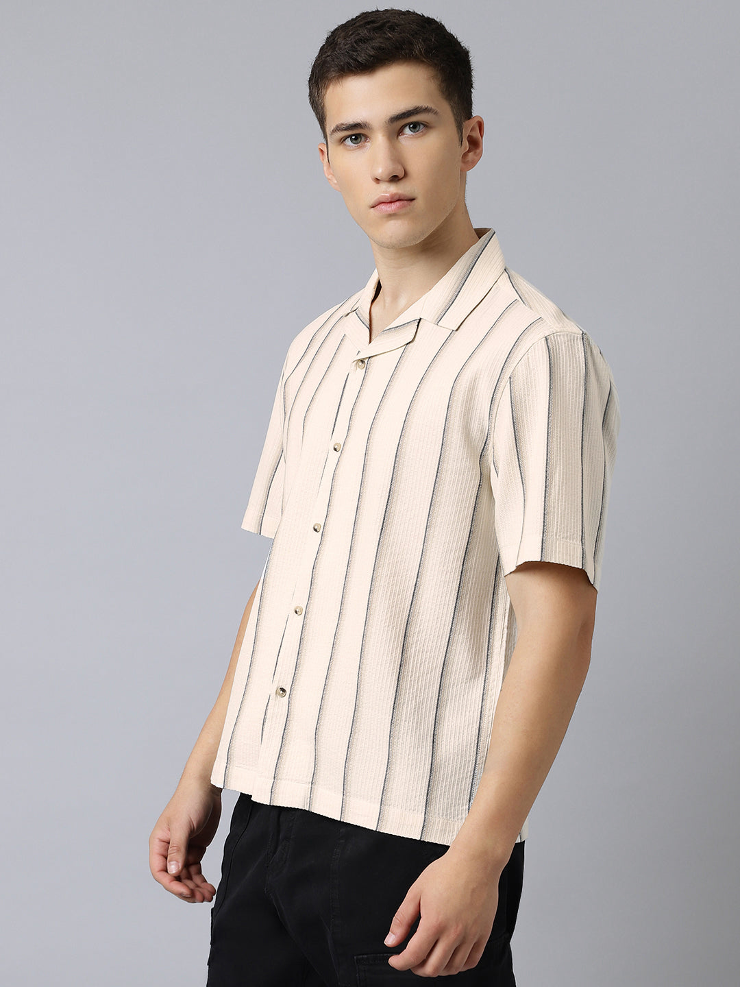 Cuban Collar Half Sleeve Striped Shirt in Beige/Black - Comfort Fit