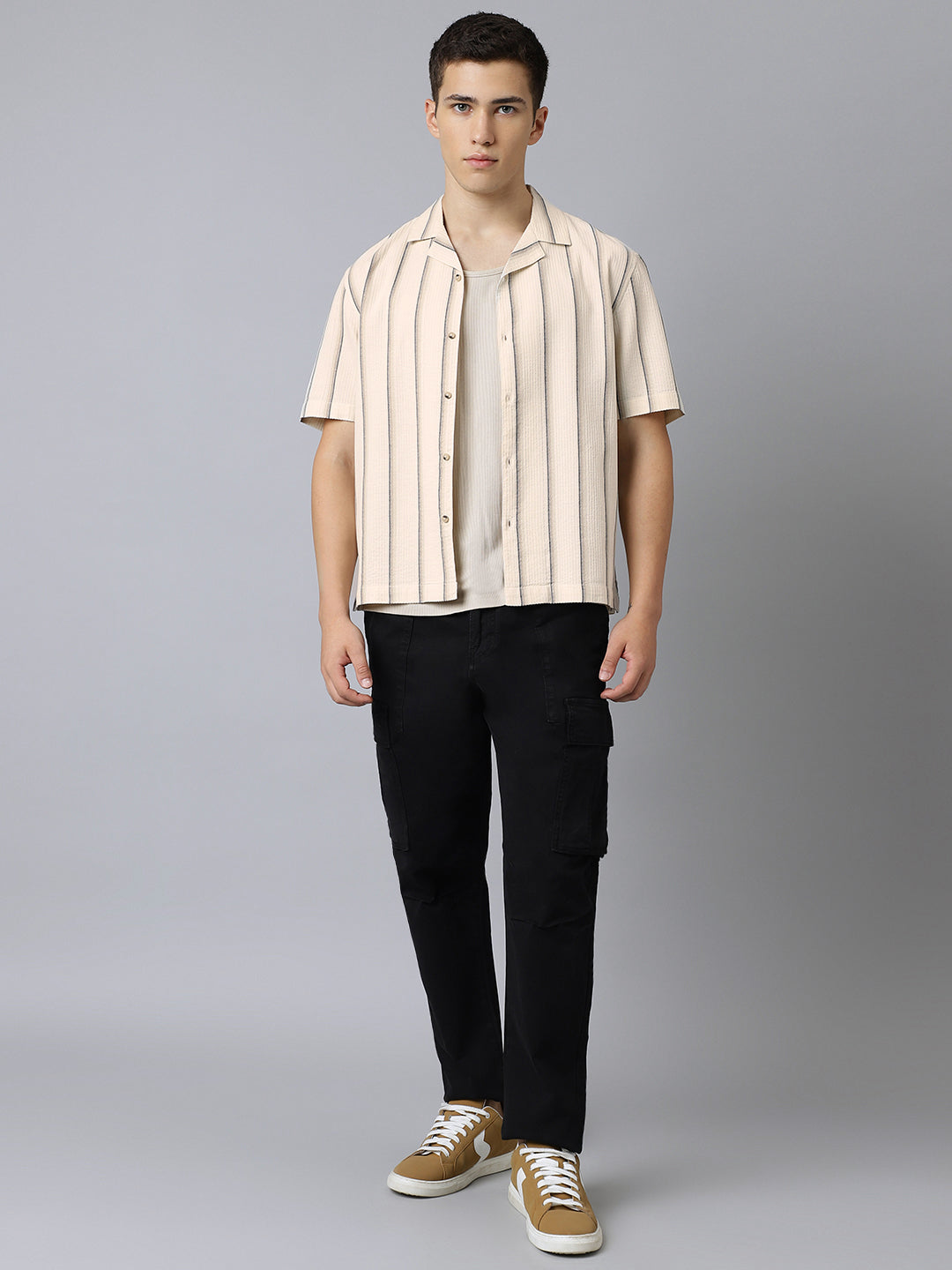 Cuban Collar Half Sleeve Striped Shirt in Beige/Black - Comfort Fit