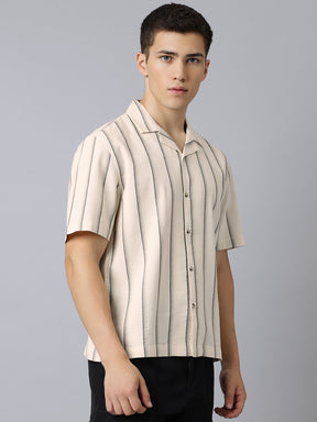 Cuban Collar Half Sleeve Striped Shirt in Beige/Black - Comfort Fit