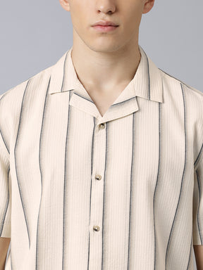 Cuban Collar Half Sleeve Striped Shirt in Beige/Black - Comfort Fit