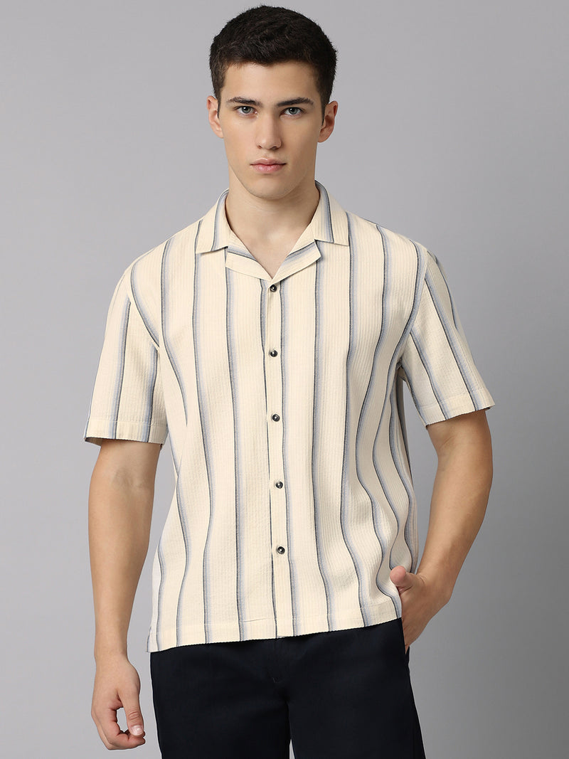 Cuban Collar Half Sleeve Striped Shirt in Beige/Blue - Comfort Fit