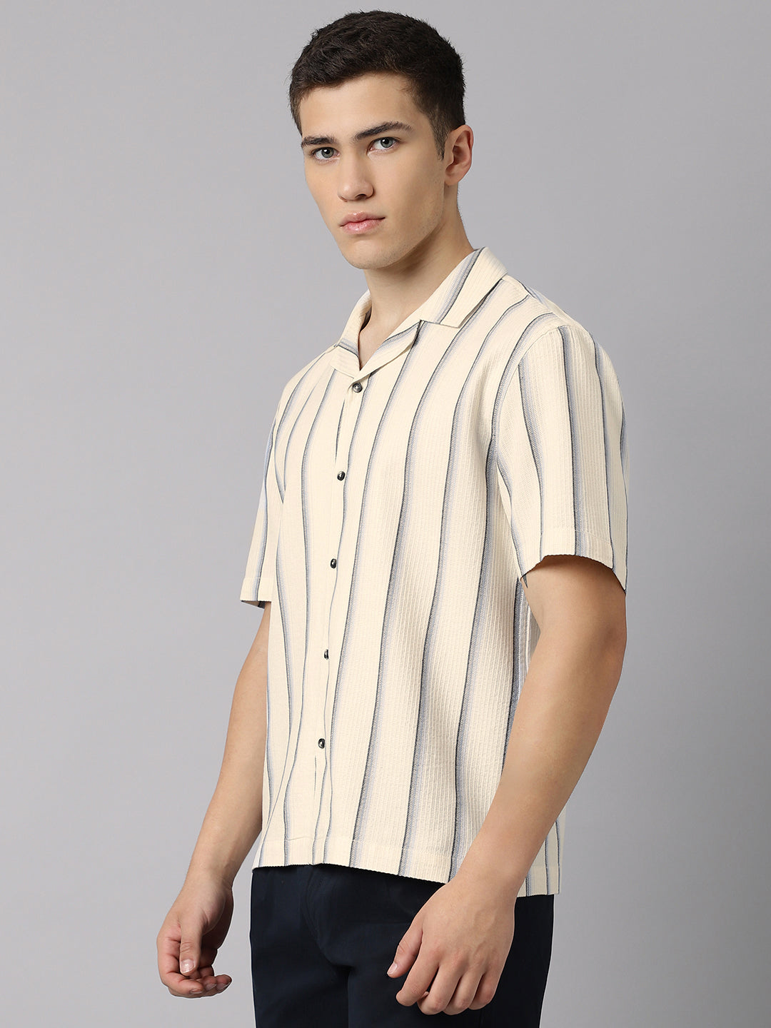 Cuban Collar Half Sleeve Striped Shirt in Beige/Blue - Comfort Fit